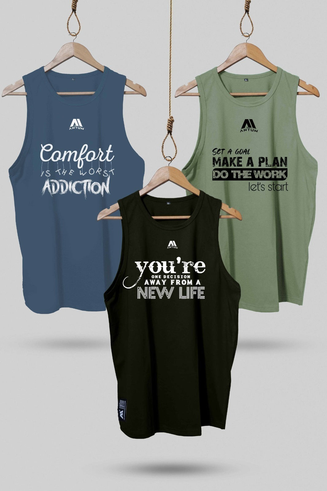 Men's 3 pack lycra sleeveless T-shirt pista green, airforce blue , and military green