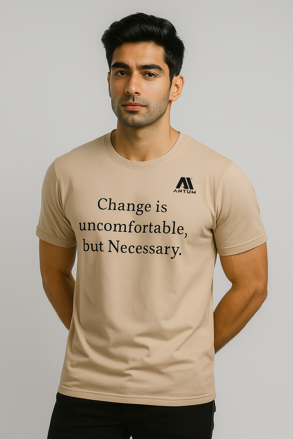 Men’s beige dryfit comfort fit quote T-shirt