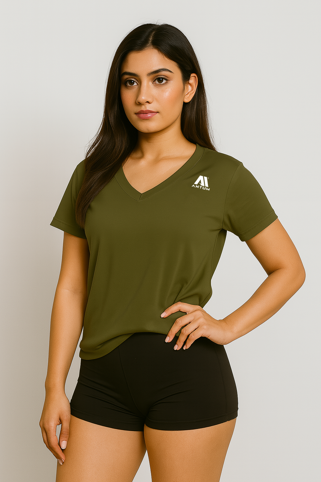 Women's military green v neck t-shirt