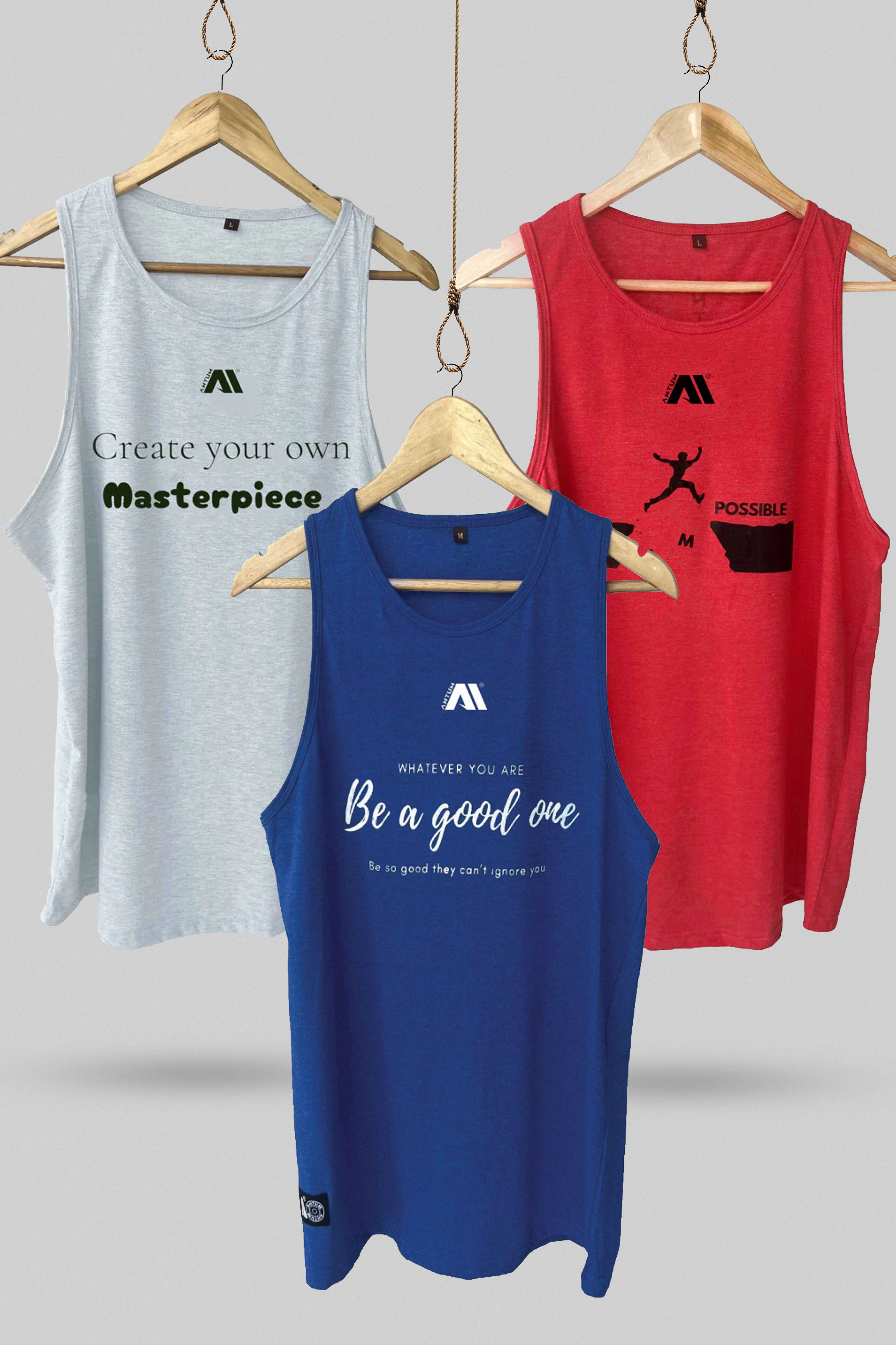 Pack of 3 men’s cotton sleeveless T-shirt in red, light grey, and peacock blue