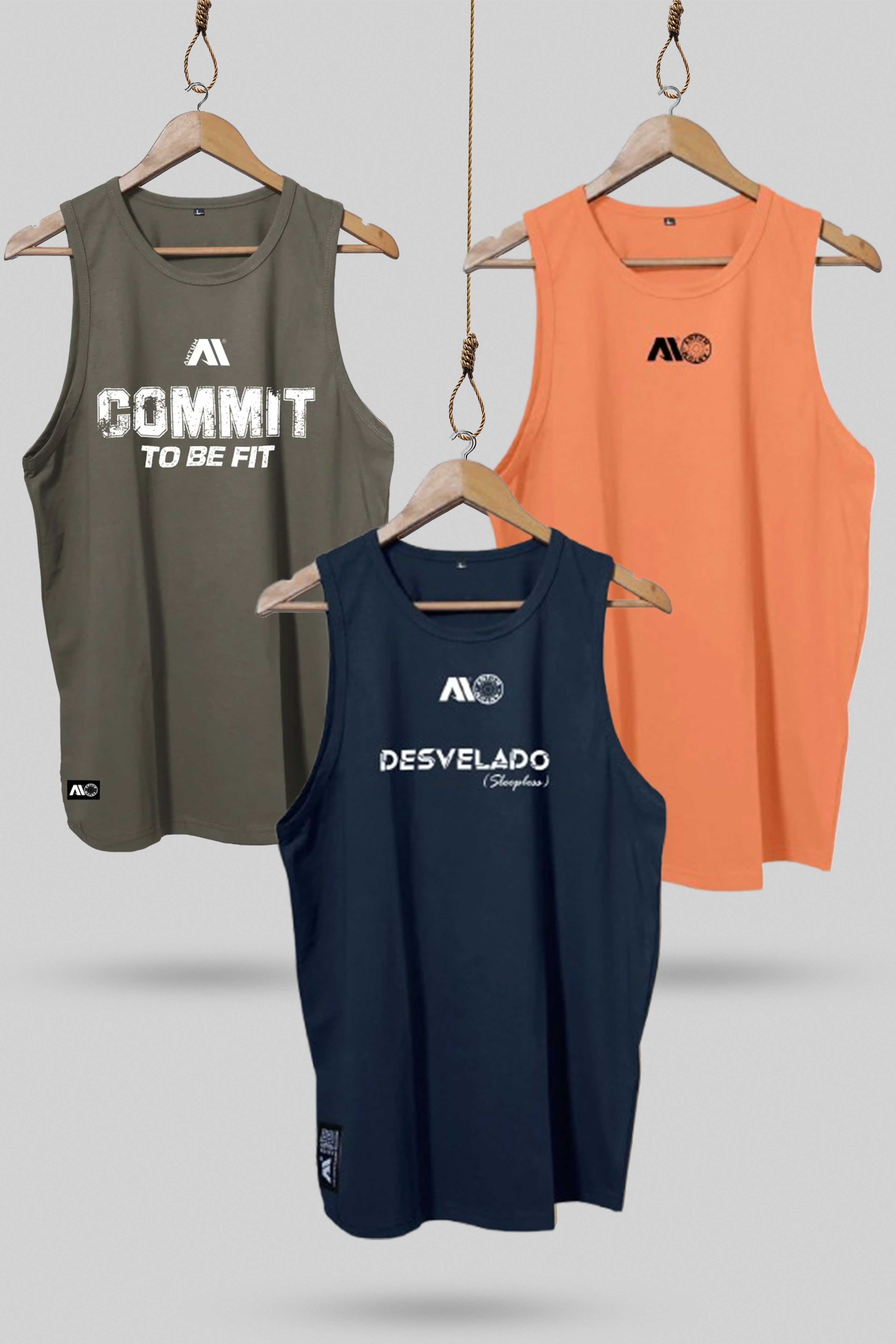 Pack of 3 men’s cotton sleeveless T-shirt in metal grey, peach, and navy blue