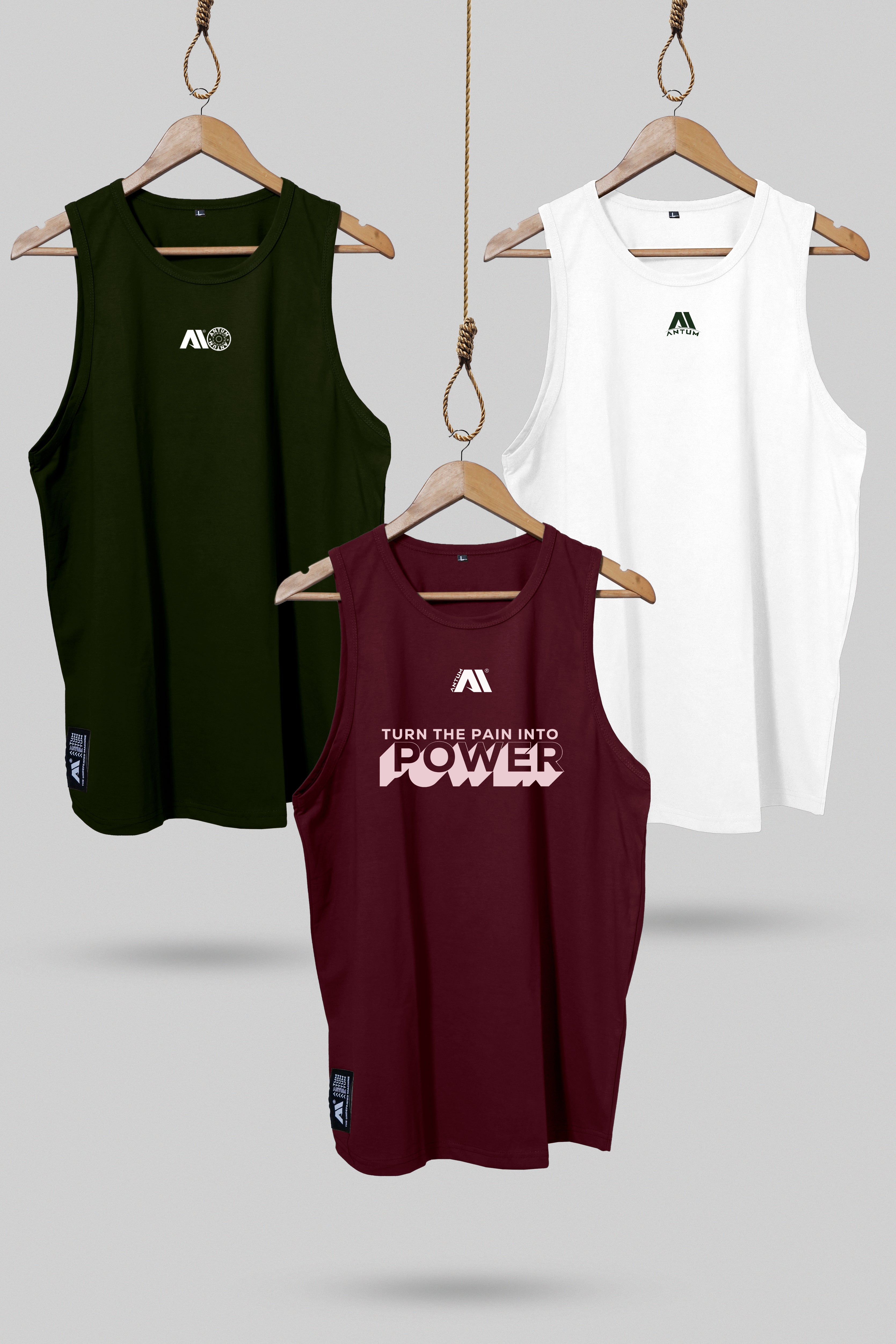 Pack of 3 men’s cotton sleeveless T-shirt in wine, white, and military green