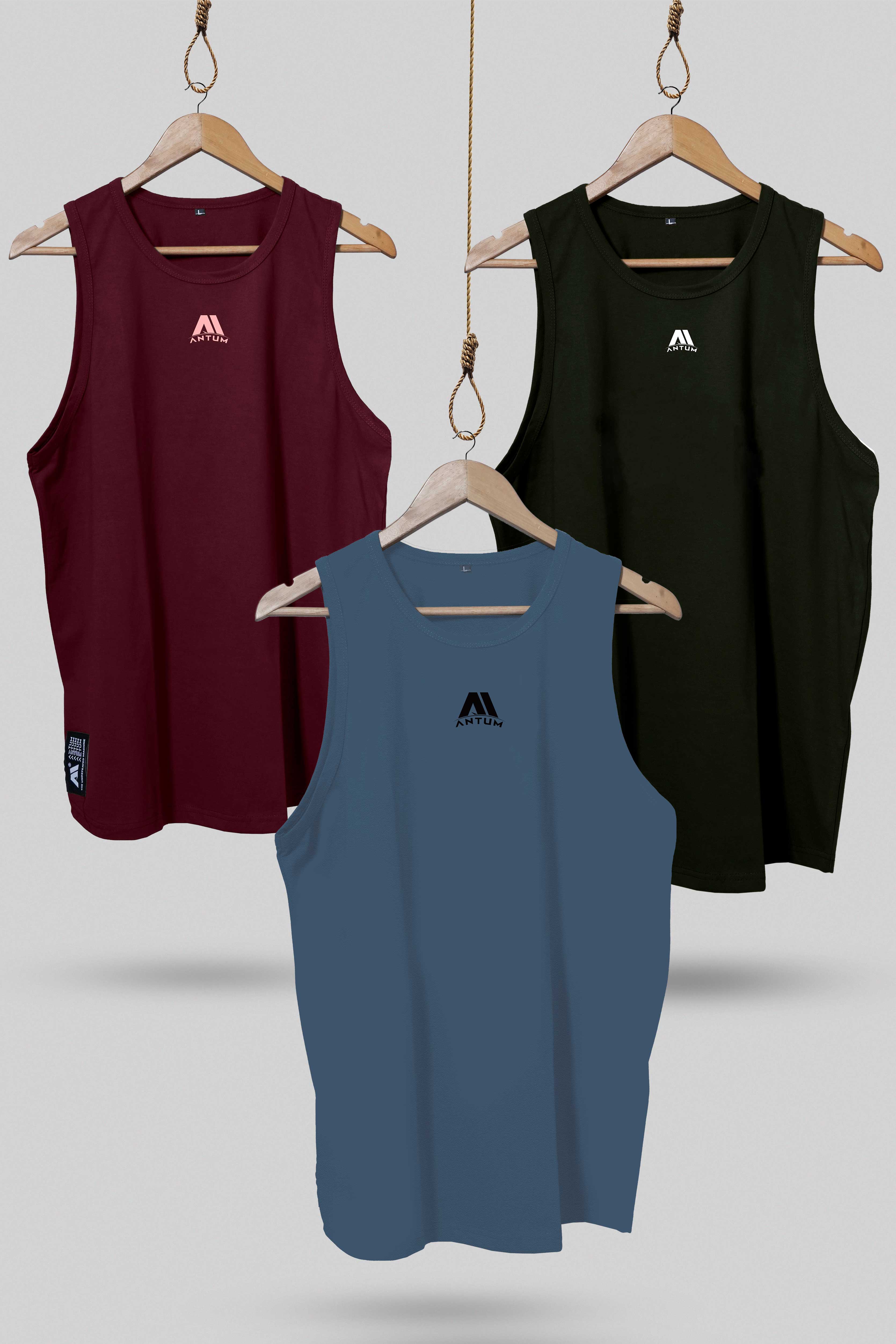 Pack of 3 men’s lycra sleeveless T-shirt in airforce blue, wine and military green