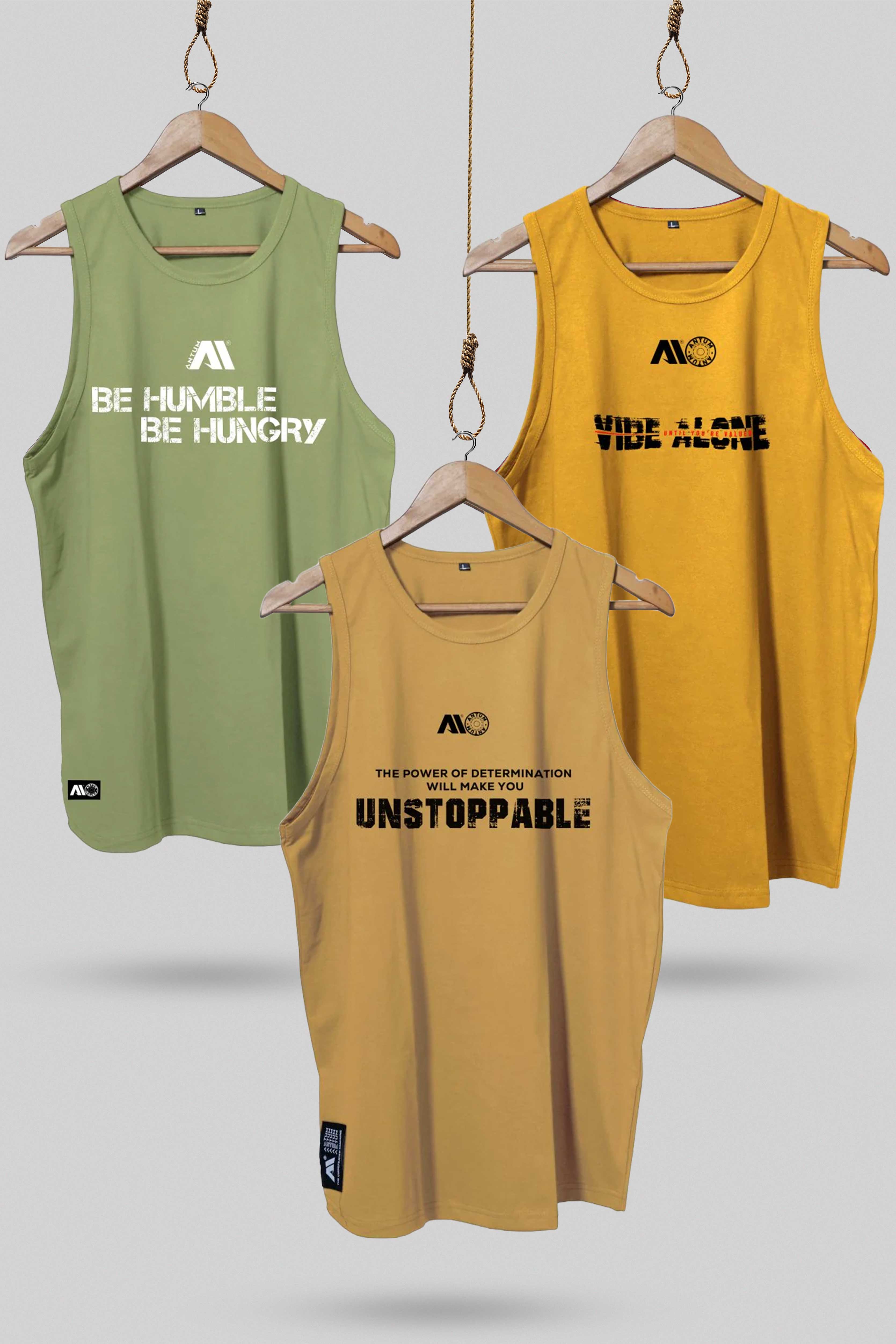 Pack of 3 men’s cotton sleeveless T-shirt in pista green, sand, and turmeric yellow